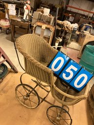 Small Wicker Doll Baby Carriage With Metal Wheels