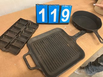 3 Pieces Of Antique Vintage Cast Iron Incl Corn Muffin Pay, Griddle And Lodge Frying Pan