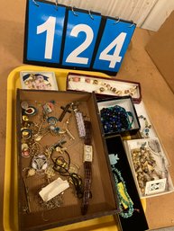 Vintage And Modern Costume Jewelry Lot Incl Curvex Retro Wristwatch, Beads, Cross With Intaglio Inlay, Etc