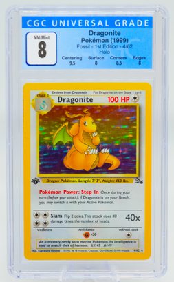 WOW! CGC 8 NM-MT 1ST ED DRAGONITE Holographic Fossil Set Pokemon Card!!!