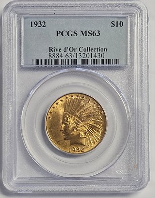 1932 PCGS GRADED GOLD $10 INDIAN HEAD COIN  RIVE D'OR COLLECTION