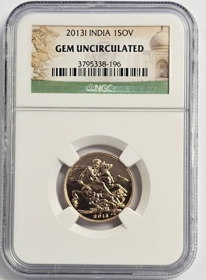 2013 I NGC GRADED GEM UNC INDIA 1 SOVEREIGN GOLD COIN  8 GR