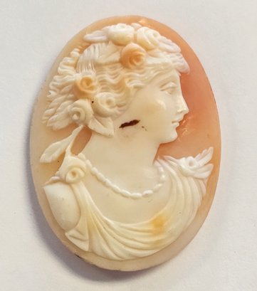 Vintage Hand Carved Shell Cameo With Roses In Her Hair And A Pearl Necklace