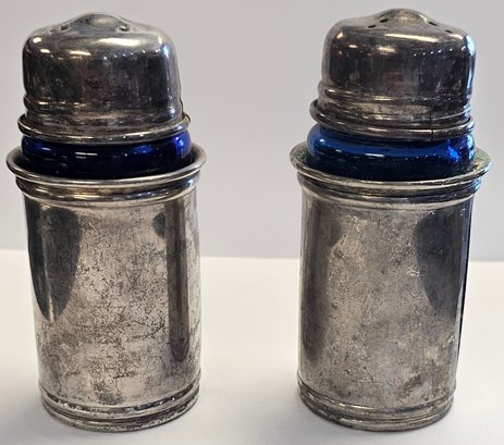 One Set Of Sterling Silver (acid Tested) Salt And Pepper Shakers With Beautiful Blue Glass 238.5G Total