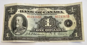 1935 Bank Of Canada One Dollar Bill Seriel # A1217655