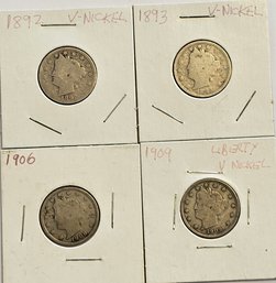 1892,1893,1906,1909 Liberty Head Nickel (V Nickel) 4 Coins One Lot