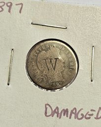 1897 LIBERTY HEAD DIME W ENGRAVED ON FACE SILVER