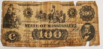 1862 State Of Mississippi $100.00 Dollar Treasury Note (162 Years Old!!!!)