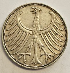 1958 G 5 MARK LARGE EAGLE .625 SILVER GERMAN COIN