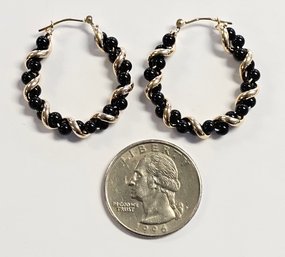 Vintage 14K GOLD Ribbon Hoops With ONYX Beads  4.5 Grams