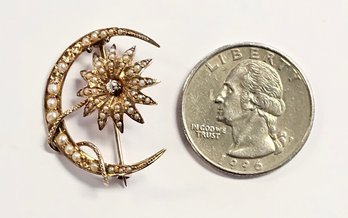 Antique 10K GOLD Art Nouveau SEED PEARL Sun And Moon Pin With Diamond  3.2 Grams