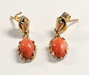 Vintage 14K GOLD Oval CORAL Dangle Earrings With Backs!!