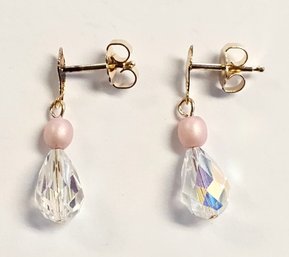 Vintage 14K Gold Aurora Borealis Faceted CRYSTAL Drop Earrings W/ Backs  1.6 Grams