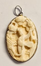 Vintage Sterling Silver HAND CARVED Bone Pendant GEISHA In Garden Scene  4.5 Gr