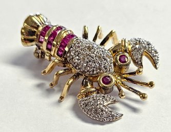 Vintage 14K Gold Plated Sterling Silver LOBSTER Pin/Pendant W/ RUBIES!!!  8.6 Gr