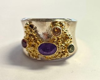 Vintage Sterling Silver Cigar Band With Multi Colored Gemstones  7.85 Gr