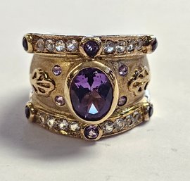 Vintage 14K Gold Plated Sterling Silver ETRUSCAN Cigar Band Ring W/ Amethysts  Size 6.75