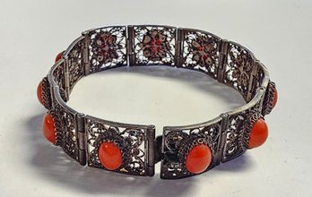 Antique 800 Silver Filigree CORAL Link Bracelet  7'  23.3 Gr