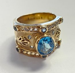 Vintage 14K Gold Plated Sterling Silver ETRUSCAN Style BLUE And WHITE Topaz Wide Ring