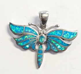 Vintage Sterling Silver Synthetic OPAL DRAGONFLY Pendant  5.03 Gr