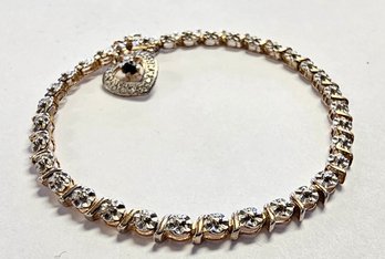 Vintage  Sterling Silver S Style Diamond Tennis Bracelet W/ Heart Dangle Charm 9.76 Gr