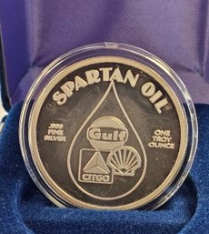 One TROY Ounce FINE SILVER .999 1990 Spartan Oil COMMEMORATIVE Coin