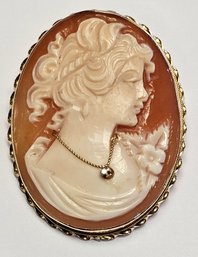 Vintage 14K GOLD  Hand CARVED Cameo PIN Or PENDANT Of Beautiful Lady With DIAMOND Necklace