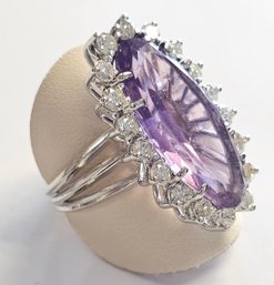 Vintage 14K WHITE GOLD Oval AMETHYST And DIAMOND HALO RING  Size 8  10.35 GR