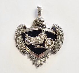 Vintage Sterling Silver LIVE TO RIDE Onyx EAGLE And MOTORCYCLE Pendant  14.70 Gr