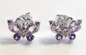 *New Old Stock* Sterling Silver Amethyst And Diamond BUTTERFLY Earrings  W/ Box