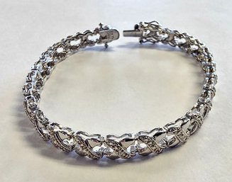 Vintage Sterling Silver Bracelet W/ Small Diamond  7.25'  Double Safety Clasp