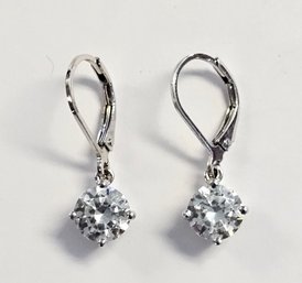 Vintage Sterling Silver Round Cubic Zirconia Lever Back Earrings 7mm