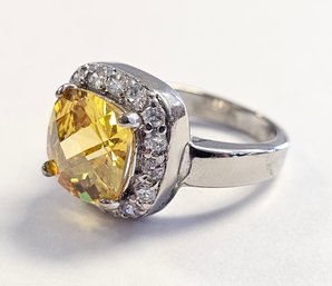 Vintage Sterling Silver CHECKERBOARD CUSHION CUT Yellow CZ HALO Ring Size 6