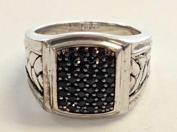 Vintage Sterling Silver Men's Pave BLACK SAPPHIRE Ring  SIZE 10.75 Signed MGW