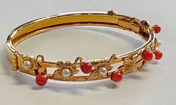 Vintage RUSSEL Gold Filled BANGLE W/ CORAL BEADS And CULTURED PEARLS  11.43 Gr