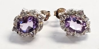 *New Old Stock* Sterling Silver Oval Amethyst And Round & Marquise CZ Earrings W/ Backs  3.58 Gr