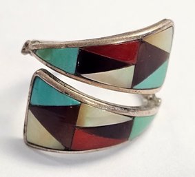 Vintage Sterling Silver Signed ZME ZUNI INLAY Multi Stone BYPASS Ring  SIZE 8    3.6 GR