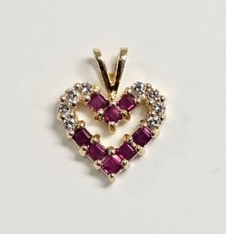 Vintage 14KY Gold Princess Cut RED RUBY And DIAMOND Heart Pendant    1.1 GR