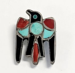 Vintage Inlay Turquoise, Coral & Jet NATIVE AMERICAN Sterling Silver BIRD PIN  4.4 GR