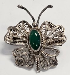 Vintage 800 Silver?  Filigree Butterfly Pin With Green Stone   6.1 GR