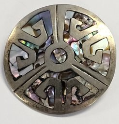 Vintage Sterling Silver AZTEC Inlay ABELONE PIN/PENDANT  *MADE IN MEXICO*  6.6 GR