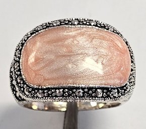 Vintage Sterling Silver WIDE BAND Ring W/ PEACH Enamel   SIZE 8 1/2!!  13.6 GR  LOOKS NEW!