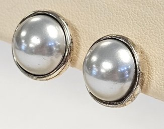 Vintage Sterling Silver Faux Grey Mabe Style Pearl Earrings  11.75 MM  4.3 GR