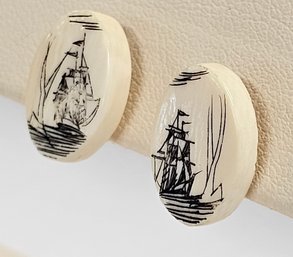 Vintage SCRIMSHAW Earrings On BONE? Of Sailing Ships  .55'  X  .39'   1.3 GR