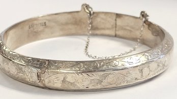 Vintage Sterling Silver DIAMOND CUT ENGRAVED BANGLE BRACELET W/ Safety Chain  7'  18.4 GR