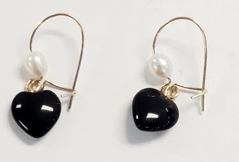 Vintage 14KY GOLD FWP & ONYX HEART DANGLE EARRINGS  0.9 GR