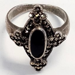 Vintage Sterling Silver, MARCASITE, & ONYX RING   SIZE 7   5.6 GR