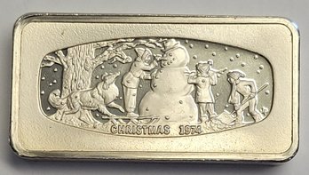 1974 STERLING SILVER The Franklin Mint XMAS PROOF INGOT/BAR 1000 GRAINS  2 TR/OZ