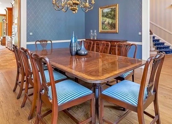 ELEGANT HENKEL HARRIS MAHOGANY DINING TABLE WITH TEN CHAIRS & TWO 22' LEAVES - HAND CRAFTED -75' BY 48' BY 29'
