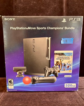 (D-2) PLAYSTATION PS3 WITH ONE CONTROLLER &POWER SORCE IN MOVE SPORTS CHAMPION BUNDLE BOX -PRE-OWNED, TURNS ON